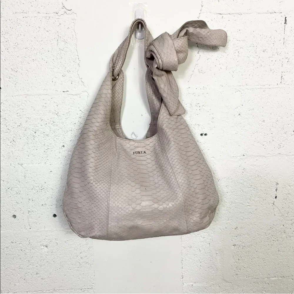 Furla logo light gray croc embossed genuine leather ribbon hobo shoulder bag